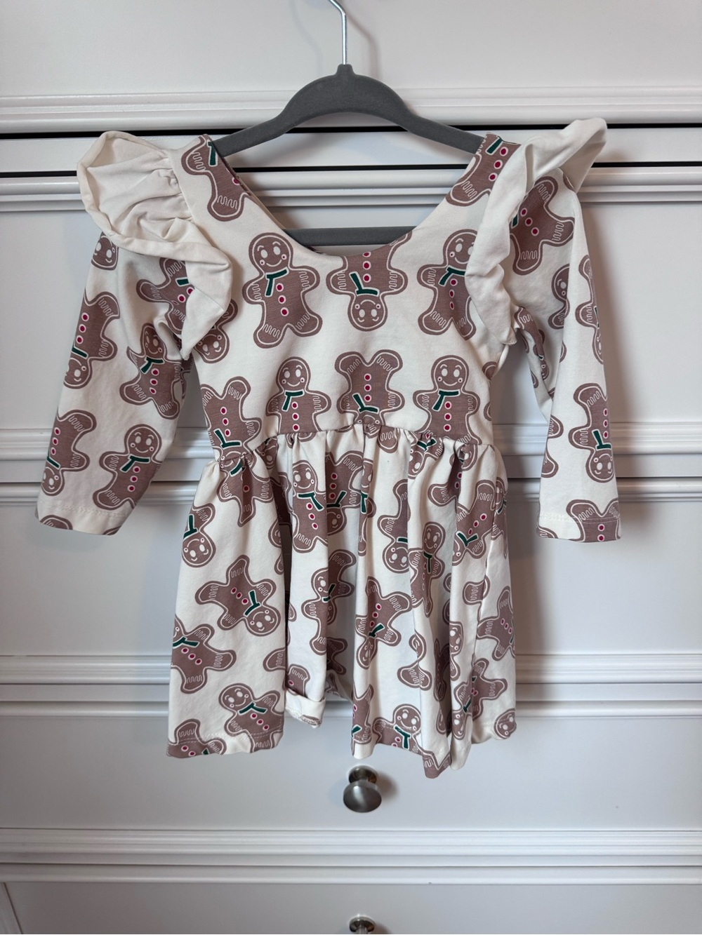 monica + andy Gingerbread Print Ruffle Shoulder Dress